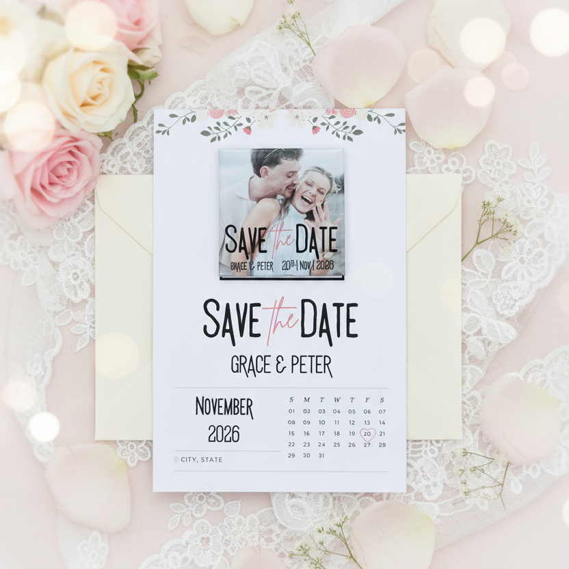 Matching Save the Date Cards for Custom Magnets